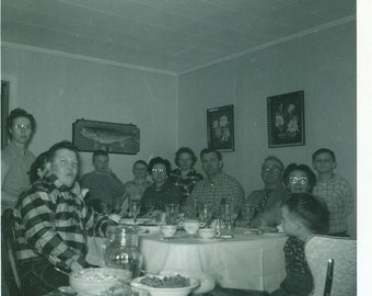 1950s Holiday Big Family Dinner Mounted Fish on Wall Dining Room Men Women Kids  Vintage Black White Photo Photograph