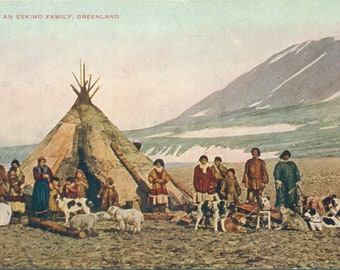 1911 An Eskimo Family in Greenland Sod Tent Sheep Dog Team Antique Color Postcard Unmailed