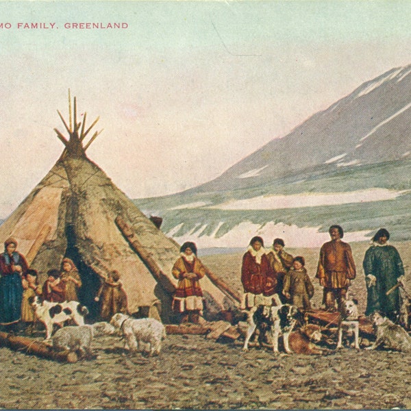 1911 An Eskimo Family in Greenland Sod Tent Sheep Dog Team Antique Color Postcard Unmailed