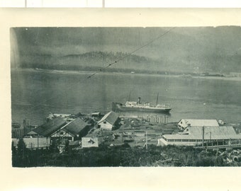 1920s Alaska Steamer Steam Ship Dock Town From Mountain Vintage Antique Photograph