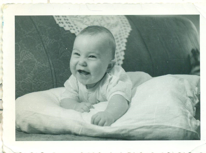 1954 Karl Livengood Happy Baby Boy Laughing on Pillow Photo Black White Photograph