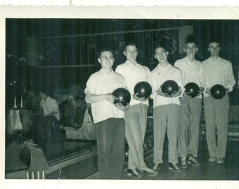 1950s Bowling Team Young Men Holding Balls Alley Lane Vintage Photo Black White Photograph