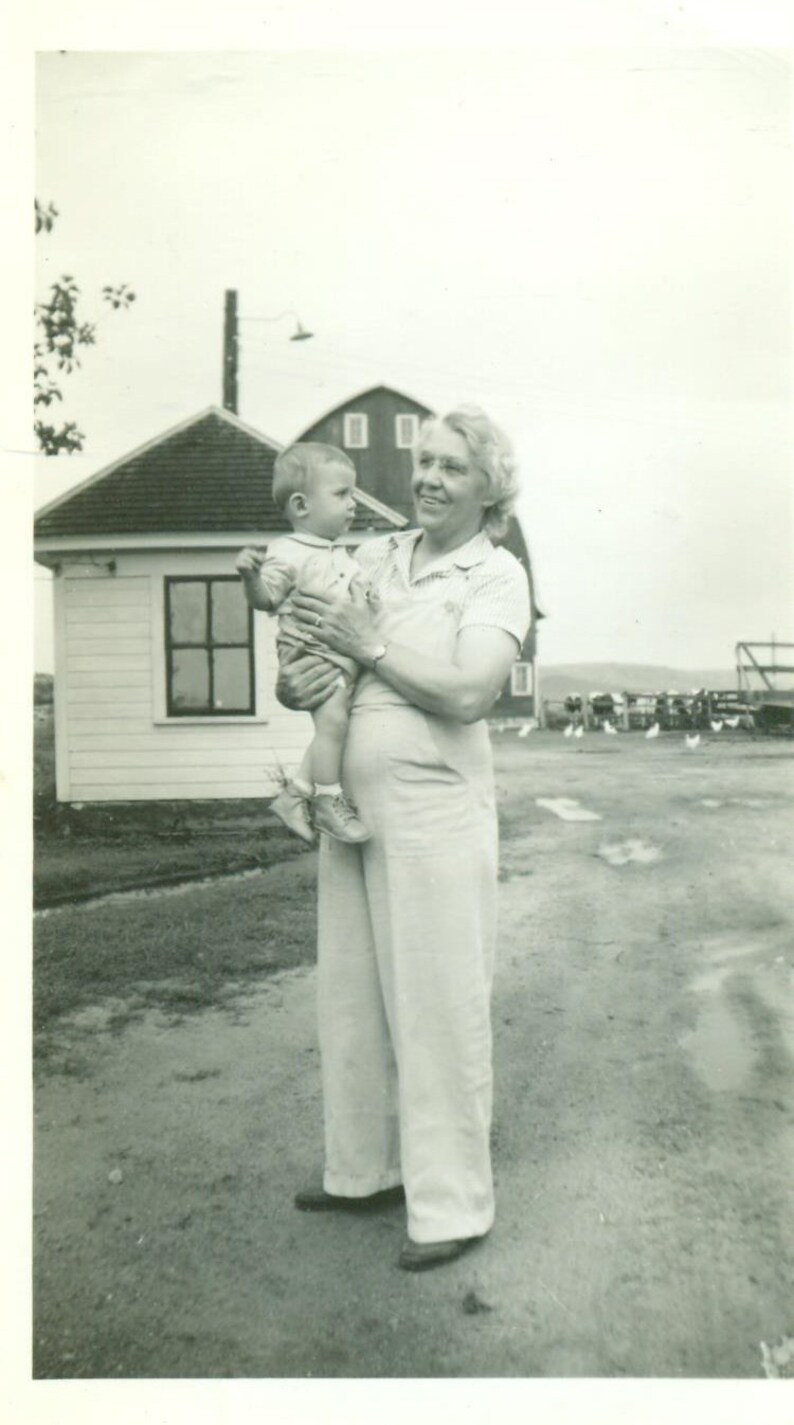 1942 Farm Family Grandma Holding Baby Barn Chickens In Driveway 40s Vintage Photograph Black White Photo