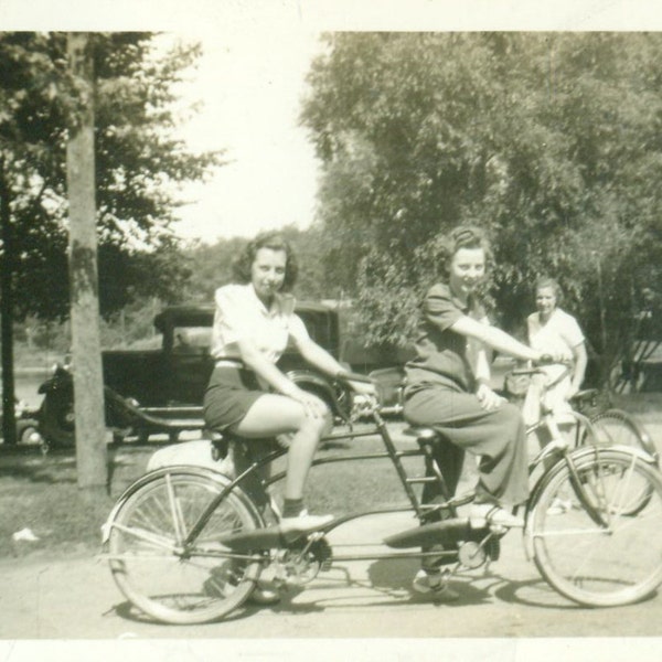 Young Women on Tandem Bicycle 1940s 50s Summer Day Bike  Vintage Photo Black and White Photograph