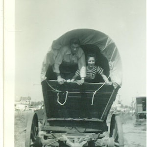 1940s Conestoga Pioneer Wagon Ride Man Woman 40s Vintage Photo Black White Photograph