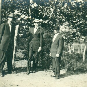 George Bruce Carl 3 Guys And Their Fence Post Holding Wire Fence 1910s RPPC Real Photo Postcard Photograph Black White Photo