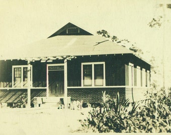 Brick House Summer Cottage Home RPPC Real Photo Postcard Vintage Antique Black White Photo Photograph