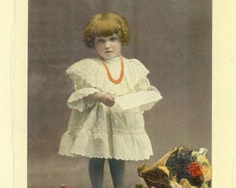 Little Girl Reading Letter Flower Basket Color Antique RPPC Real Photo Postcard Greeting Card