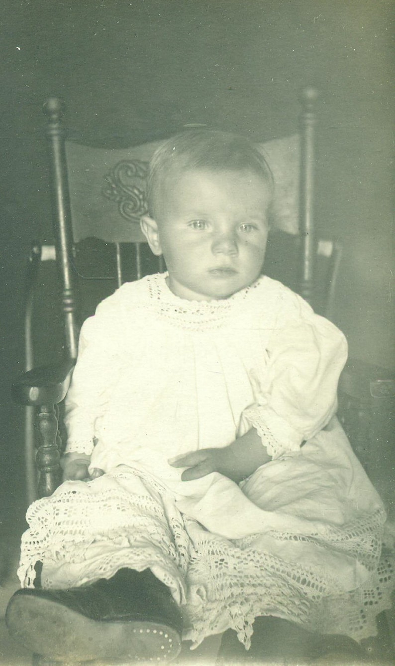 Antique RPPC Baby Sitting on Chair Picture Portrait Real Photo Postcard Photograph Black White Photo