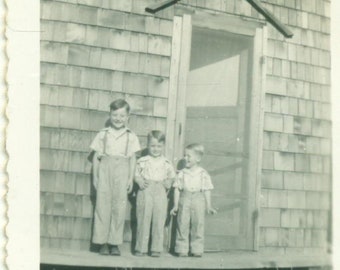 1930s Brothers 3 Boys Standing Outside Cedar Shake House 30s Vintage Photograph Black White Photo