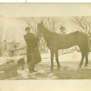 Minnock Farm Man Showing Horse Dog Winter Snow 1910s Antique RPPC Real Photo Postcard Photograph