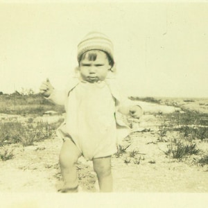 1930 Toddler Baby Walking on the Beach Sand Dune 30s Photograph Black White Photo