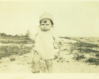 1930 Toddler Baby Walking on the Beach Sand Dune 30s Photograph Black White Photo
