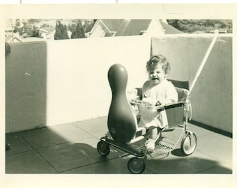 Bop Bag Punching Bag Toy Laughing Little Girl Stroller 1950s Vintage Black White Photo Photograph