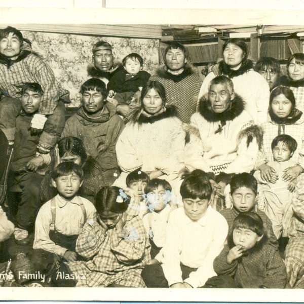 Alaska Eskimo Family Kids Having Fun Group Photo Inuit RPPC Real Photo Postcard Vintage Photograph