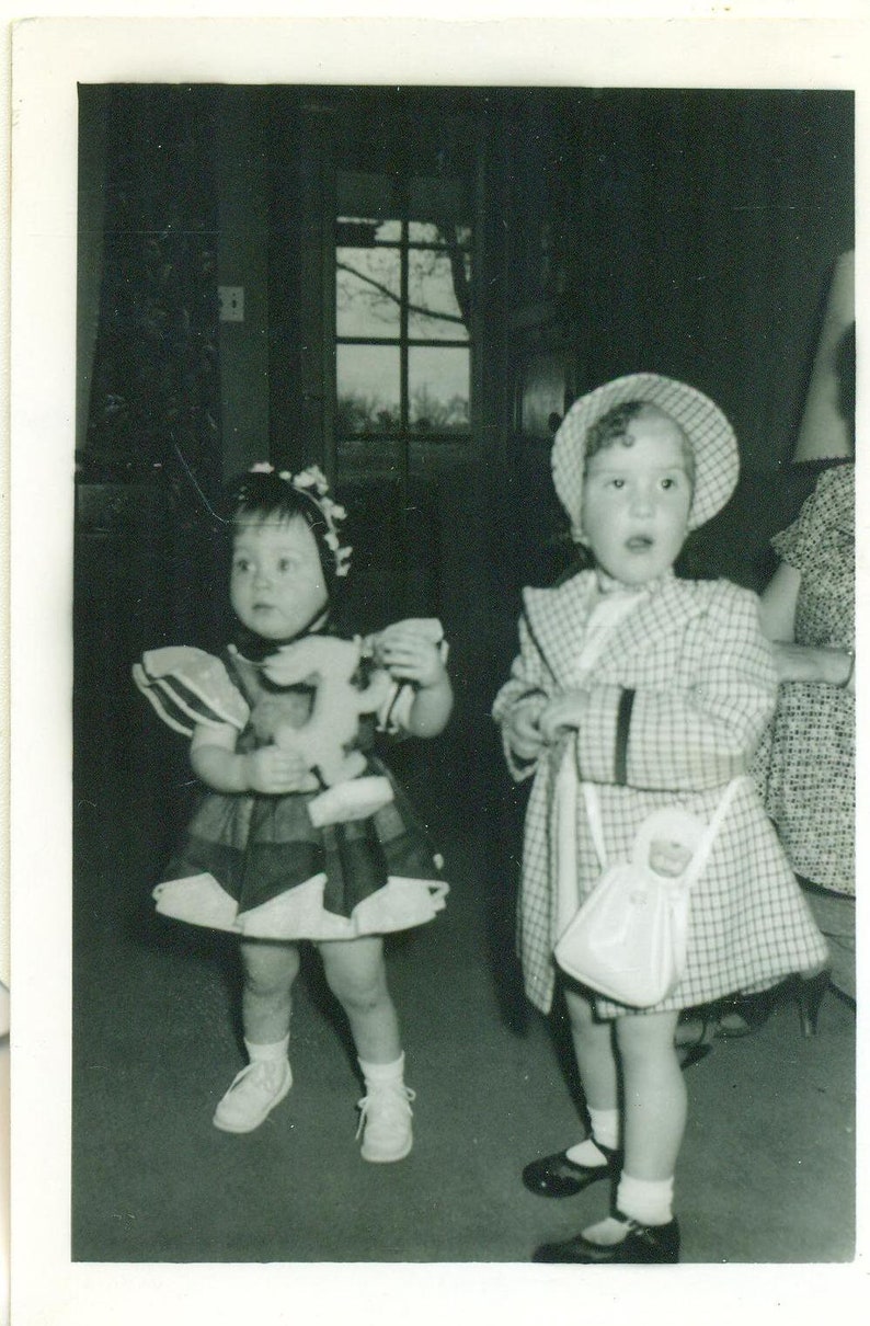 1950s Pamela Mary Girls Over Dressed For Easter Bunny Toy Bonnets Purse Photo Black White Photograph image 1