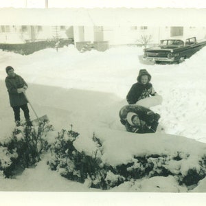 Mom Shoveling Snow Girls Playing in Street Newport RI Winter 50s Vintage Photograph Black White Photo