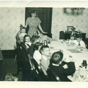 1940s Kids Birthday Party Mother Baby Watching Kids Eat 40s Vintage Photograph Black White Photo