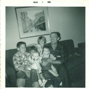 1960 Happy Family Baby Doll Big Brother Happy Dad 60s Vintage Photograph Black White Photo