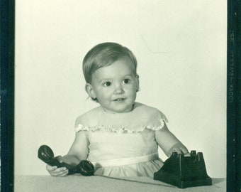 1940s Girl Playing With Rotary Dial Phone Telephone Portrait Vintage Black White Photo Photograph