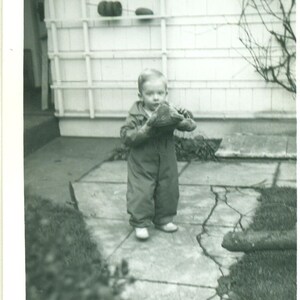 1940s Toddler Boy Holding Stuffed Teddy Bear Toy 40s Vintage Photograph Black White Photo