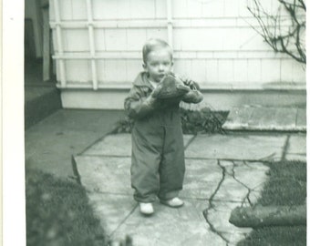 1940s Toddler Boy Holding Stuffed Teddy Bear Toy 40s Vintage Photograph Black White Photo