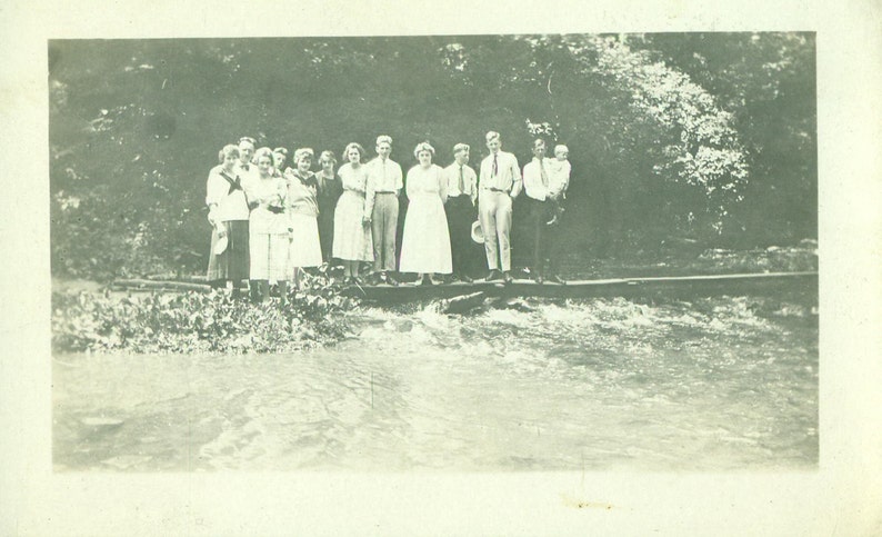 Young Men Women Baby Standing on a Wood Bridge Over Small Stream RPPC Real Photo Postcard Vintage Antique Black White Photo Photograph image 1