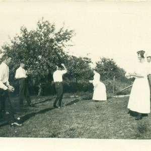 Victorian Woman In Bustle Dress Playing Ball Outside Summer Picnic 1910s RPPC Postcard Vintage Photo Photograph
