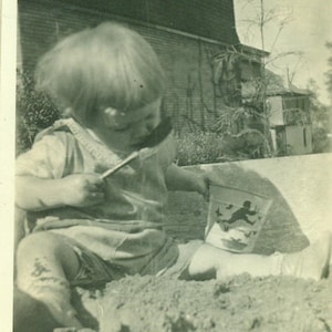 Dirty Baby Playing in Sandbox Tin Litho Bucket Pail Toy 1930s Vintage Black White Photo Photograph