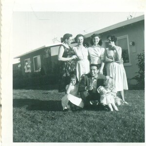 1950s Having a Blast Dad Playing with Girls Ladies Chatting Summer 50s Vintage Photograph Black White Photo