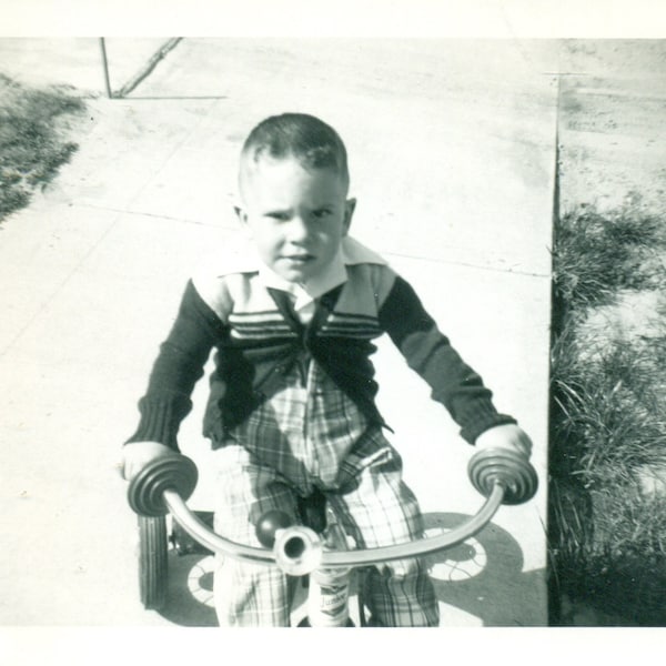 1940s Boy On Tricycle Plaid Overalls Too Small Cardigan Sweater Photo Black White Photograph