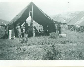 1950s Military Camp Tents Registrar Information Unhung Sign Soldiers Vintage Photograph Black White Photo