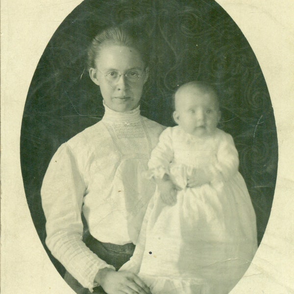 1909 Baby Edwin with Prim Proper Mother Eye Glasses RPPC Real Photo Postcard