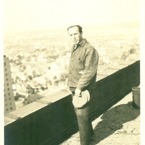 Work Man Standing on Roof Looking At City View Holding Hat 1920s RPPC Real Photo Postcard Antique