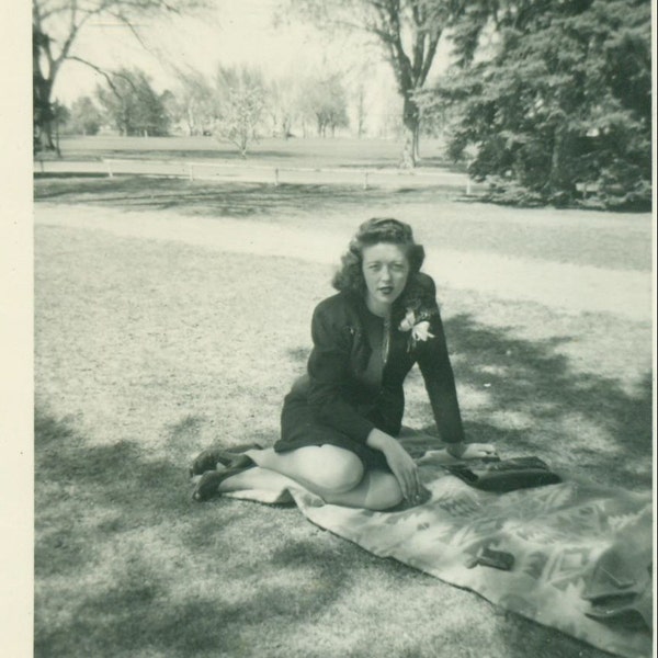 1940s Woman Sitting on Navajo Indian Blanket in Park Peep Toe Heels Dress   Vintage Photo Black and White Photograph