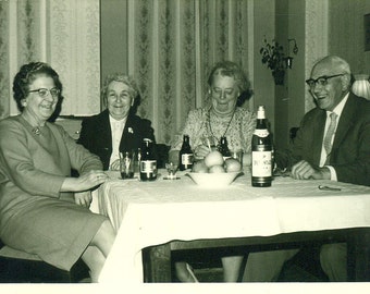 1968 Seniors Party in Germany Drinking Beer Old Man Women Having Fun Vintage Black and White Photo Photograph