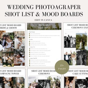 Lista de fotografías y plantilla de tablero de estado de ánimo para fotógrafos de bodas (ceremonia de boda, decoración de la ceremonia, corte de pastel, torre de champán, recepción, baile)