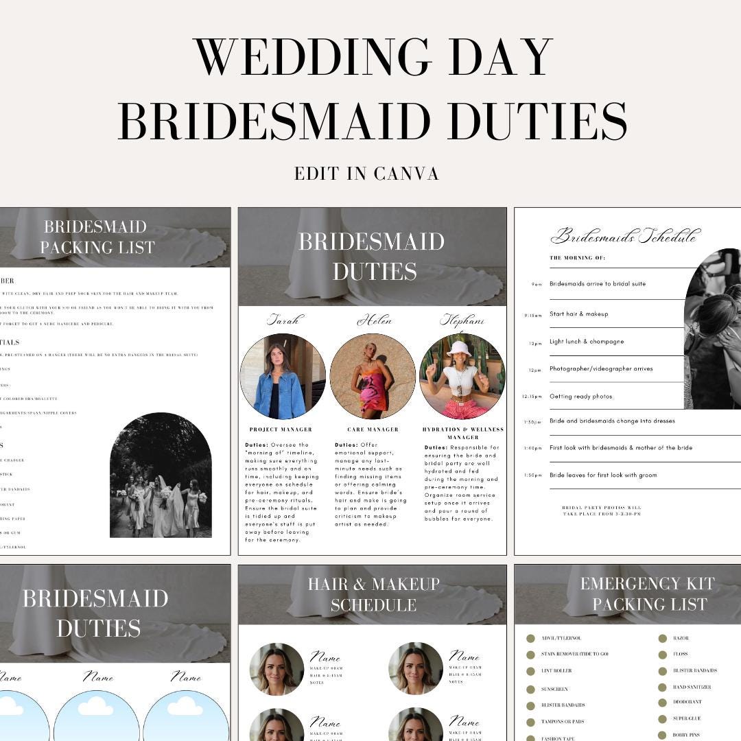 Bridesmaid Wedding Duties Organizer – Wedding Day Duties, Schedule, Checklists & Planner