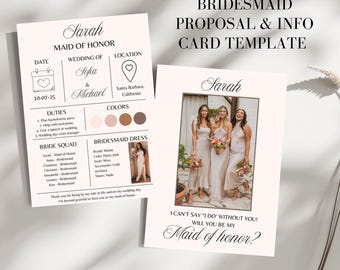Bridesmaid Proposal Template, Bridesmaid Info Card Template, Bridal Party Proposal, Bridal Party Info Card, Maid of Honor Proposal