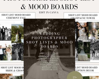 Wedding Photographer Shot List and Mood Board Template – Ceremony, Reception, First Dance, Cake Cutting, Champagne Tower & More