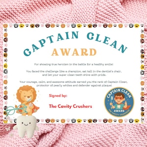 Récompense pour la première visite chez le dentiste - Récompense pour bravoure - Certificat dentaire - Fée des dents - Récompense Captain Clean