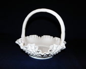 Fenton Hobnail Milk Glass Basket, 7 1 4 Inch Double Crimped Basket, MINT Condition