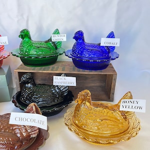 Covered Hen Candy Dish, Your CHOICE of 14 Colors 4 high, 6 5/8 long and 5 1/2 wide made by Mosser Glass Company image 5