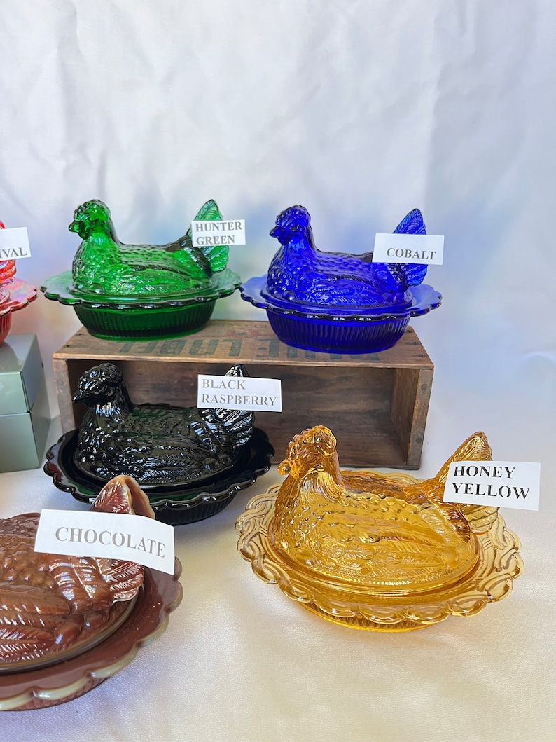 Covered Hen Candy Dish, Your CHOICE of 14 Colors 4 high, 6 5/8 long and 5 1/2 wide made by Mosser Glass Company image 5