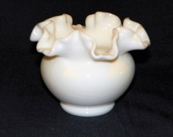 Fenton Milk Glass Ball Base Double Crimped Vase, Approximately 4 3/4" Wide 3 5/8" High, Perfect for Fresh Wild Roses