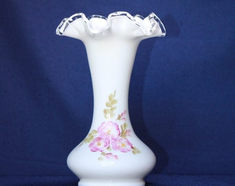 Fenton Silvercrest Hand Painted Vase 8 Inch High Hand Painted Pink Flower Flower Vase, MINT CONDITION