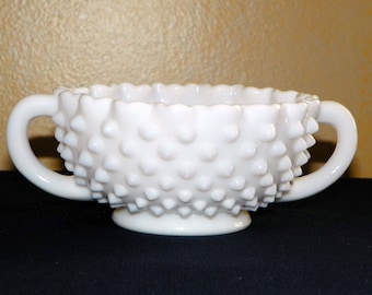 Fenton Hobnail Milk Glass 5 1/8 Inch Crimped Double Handled Nut Bowl, FREE SHIPPING