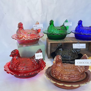 Covered Hen Candy Dish, Your CHOICE of 14 Colors 4 high, 6 5/8 long and 5 1/2 wide made by Mosser Glass Company image 3