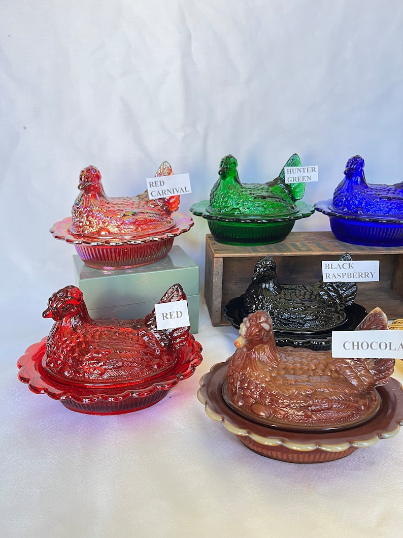 Covered Hen Candy Dish, Your CHOICE of 14 Colors 4 high, 6 5/8 long and 5 1/2 wide made by Mosser Glass Company image 3