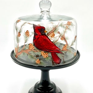 Mosser Hand Painted Glass Cake Dome Fits a 10" Cake Plate Red Cardinal Dome 8" high Add Black or White Cake Stand
